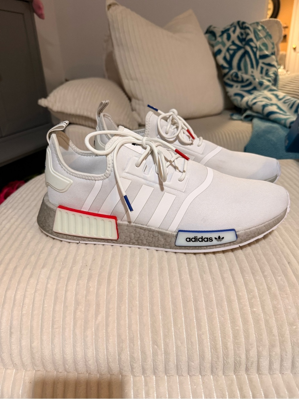 adidas White Men’s NMD R1 Sneakers with Red & Blue Details, M13